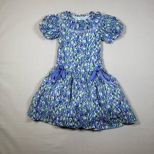 Vintage Sylvia Whyte Girls Blue Iris Floral Dress Puff Sleeve Bows Size 6